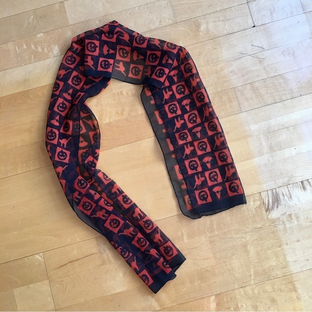 Halloween Patterned Sheer, Lightweight Scarf, Black, Orange - Picture 10 of 10